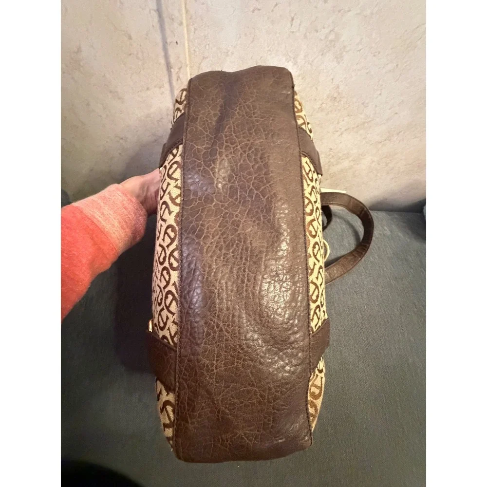 Etienne Aigner Monogram Jacquard Satchel‎ Bag Brown Tan Gold Tone Hardware